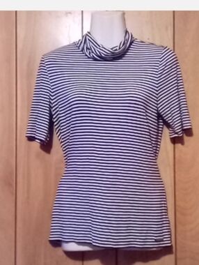 Michael Kors Black and White Striped Turtleneck Short Sleeve Top